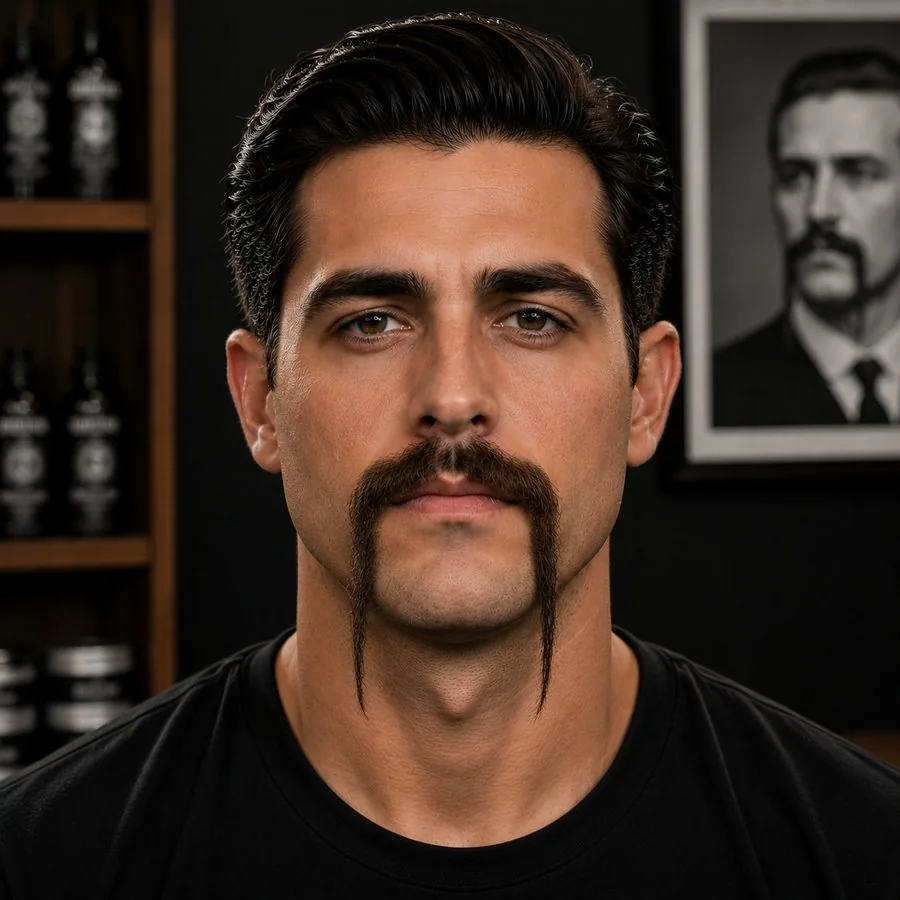 Fu Manchu Mustache — bigote antes y después simulado con IA en BarberLab