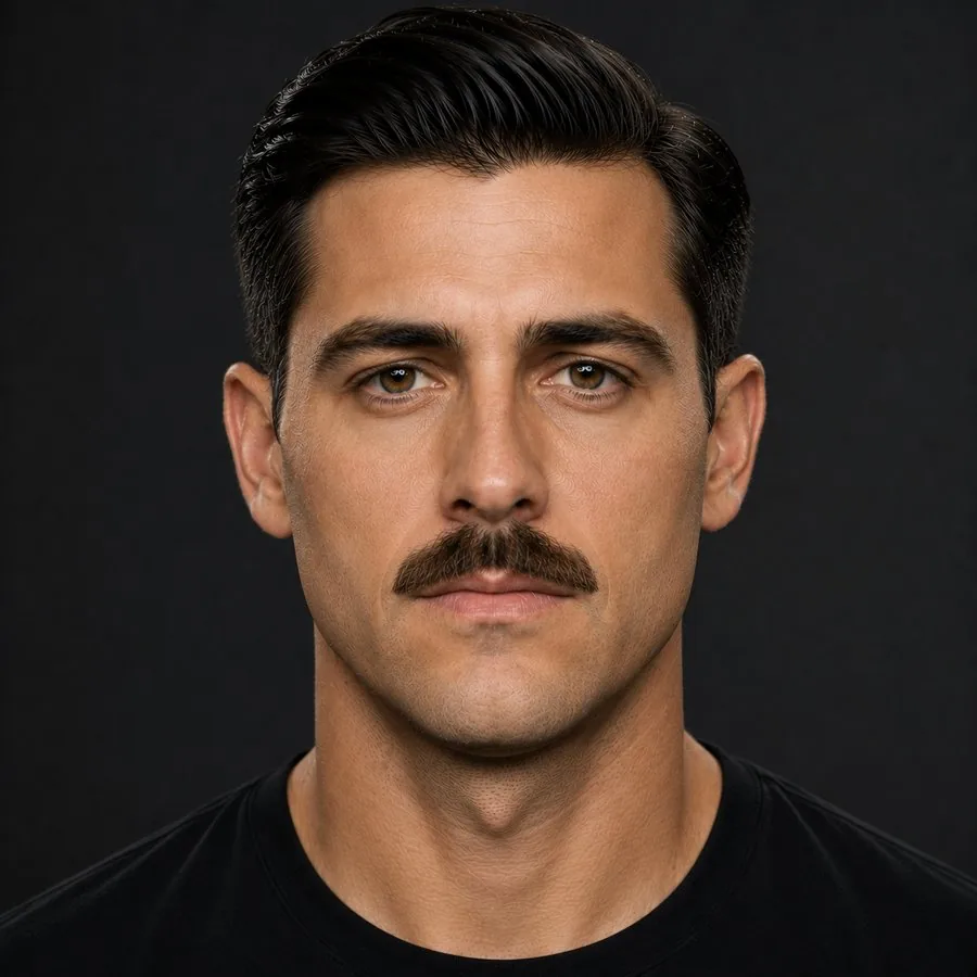 Lampshade Mustache — bigote antes y después simulado con IA en BarberLab