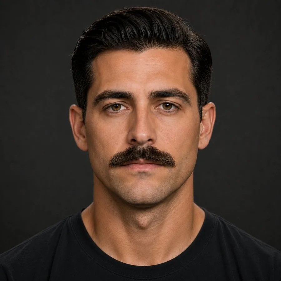 Painter's Brush Mustache — bigote antes y después simulado con IA en BarberLab